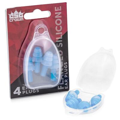 Crown 4 pack Blue Flanged Silicone Swimming or Noise Blocking Ear Plugs w Case