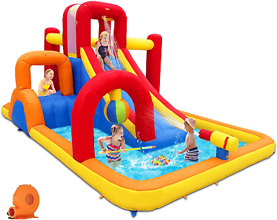 #ad 10 in 1 Inflatable Water Slide Park w Blower Splash Pool 2 Slides Water Can