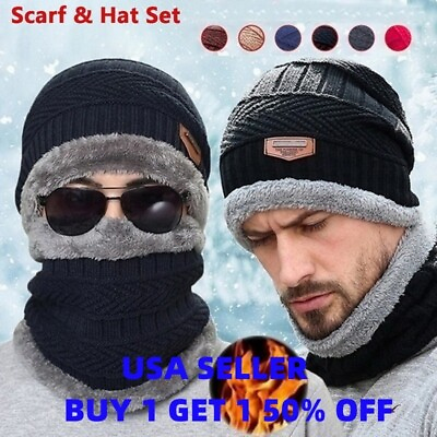 Mens Womens Winter Baggy Slouchy Knit Warm Beanie Hat and Scarf Set Skull Cap