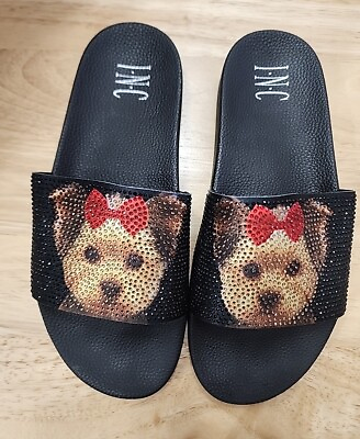 #ad INC Peymin Pool Slides Sandals Womens 8 M Yorkie Dog Print Rhinestone Shoes