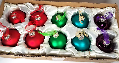 Frontgate Holiday Collection Box of 10 Christmas Ornaments Red Green Purple