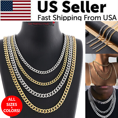 Stainless Steel Gold Silver Chain Cuban Curb Womens Mens Necklace 3 5 7 9 11mm