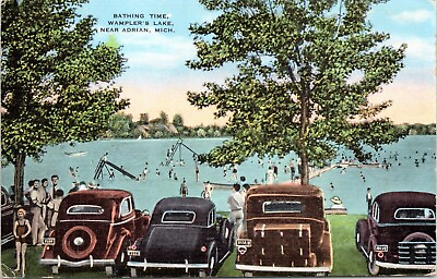 Near Adrian MI Bathing Time Swimming Slide 40s Cars Linen Michigan Postcard A413