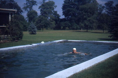 #ad #ad 35mm Slide 1950s Red Border Kodachrome Man Swimcap in Back Yard Pool Swimming