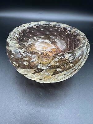 Vintage Seguso Murano Glass Gold Dusted Kidney Shaped Bowl w Controlled Bubbles