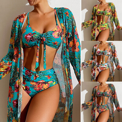 #ad US New Trendy 3 Piece Print Bikini Swimsuit Beach Cover Up Swim Set for Women