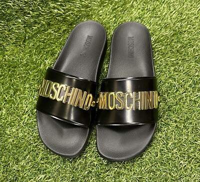 #ad Men#x27;s Moschino Couture Pool Slides In Pvc Gold Lettering Logo Black