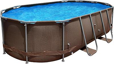 #ad New 14 Ft x 9 Ft x 39.5 in Rattan Family Size Oval Steel Frame Pool Set Brown