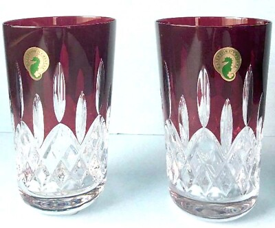 #ad Waterford Lismore Red Crystal Highball Glasses SET 2 Round Base 5quot; #40014982 New