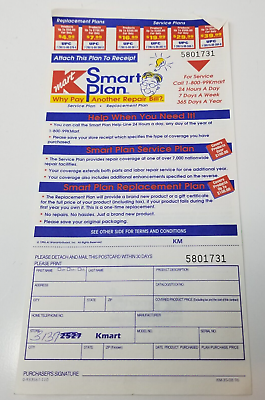 #ad Kmart Smart Plan Service Plan 1996 Registration Card Sales Bill Replacement Plan