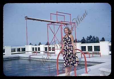 #ad Pretty Woman Swimming Pool High Dive 1950s Slide 35mm Red Border Kodachrome