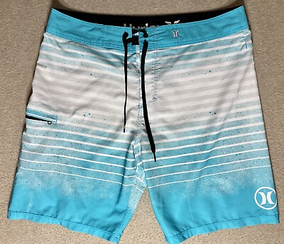 #ad Hurley Phantom Boardshorts Mens 33 Blue Striped Surf Swim Trunks Zip Pocket