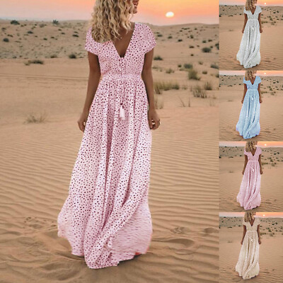#ad Women#x27;s Polka Dot V Neck Long Maxi Dress Ladies Boho Summer Holiday Sundress US