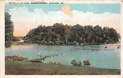 #ad Oakland Maine 1929 Postcard Swimming At Camp Norridgewock