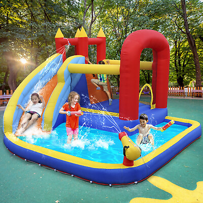 Inflatable Kids Water Slide Jumper Bounce House w Blower Water Gun Splash Pool