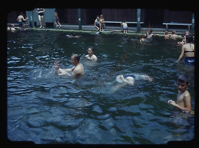 #ad Public Swimming Pool Boy Learning To Swim 1950s 35mm Slide Red Border Kodachrome