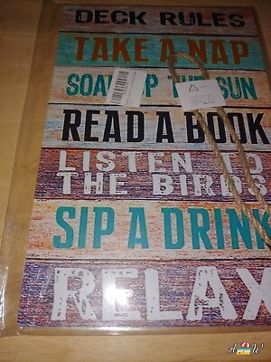 #ad Art Tin DECK RULES Sign Vintage WALL POOL DECOR PATIO LANAI wood sign Drink