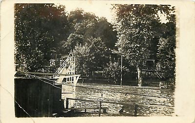 #ad Real Photo Postcard: Ladies in White Look Out Over Swimming Pool Slide c1913 pc