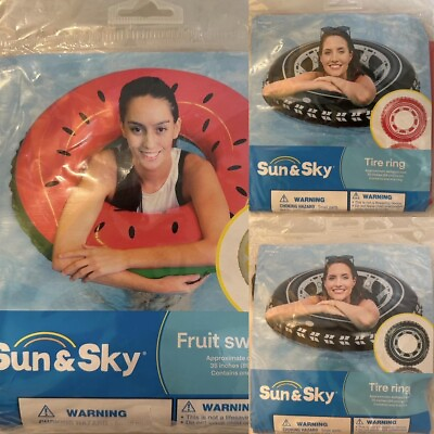 #ad 3 pcs Bundle Swim Rings Sunamp;Sky 1 Red 1 Black 1 Yellow Fruit Tire Pool Toy 35 in