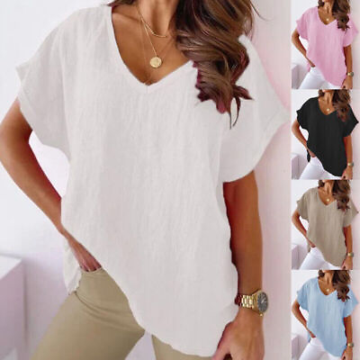 #ad Women T Shirt Blouse Short Sleeve Pullover Tunic Tops V Neck Loose Cotton Summer