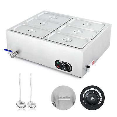 #ad 39Q 6 Pan Commercial Food Warmer 1200W Bain Marie Steam Table Countertop Station