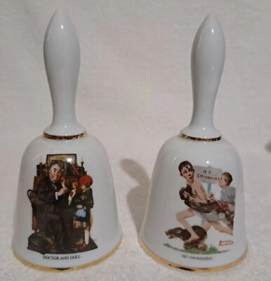 2 Norman Rockwell Bell Series No Swimming And Doctor And Doll 1975 VTG 7In High