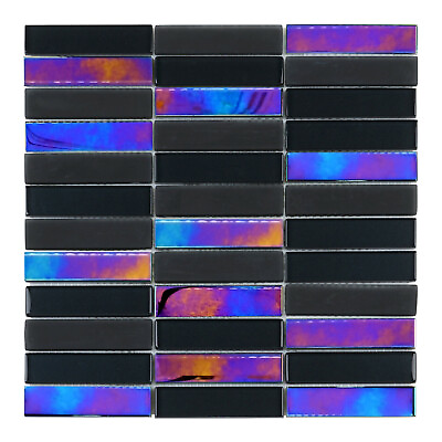 Black Iridescent Glass Mosaic Stacked Backsplash Kitchen Wall Pool Tile