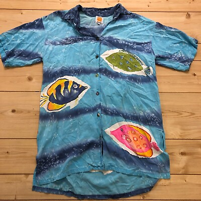 #ad Tropical Summer Blue Fishes Swimming Cover Up Cotton Swimming Shirt Women#x27;s M