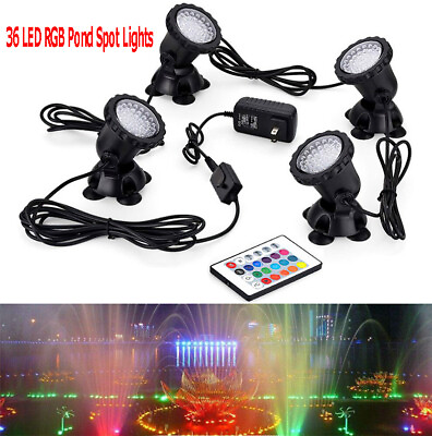 #ad Set 4 Submersible 36 LED RGB Pond Spot Lights Underwater Pool Fountain Remote