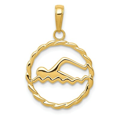 #ad 14K Yellow Gold Polished Sports Theme Swimming Round Charm w Textured Back