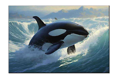 #ad Orcas Swimming in the Ocean Oil Painting Printed on canvasGiclée Print