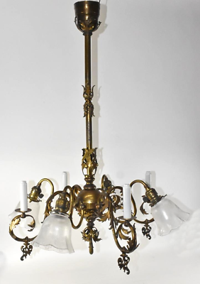 Antique Victorian Brass Gas amp; Electric Chandelier Light Fixture