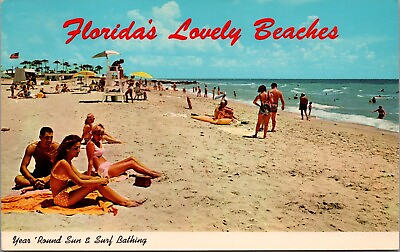 #ad Florida Beach Bikinis Polka Dots Ocean Swimming Lifeguard Chair 1968 Postcard