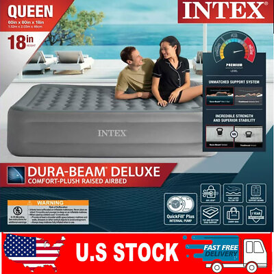 18quot; High Comfort Plush Raised Air Mattress Bed with Built in Pump Queen US