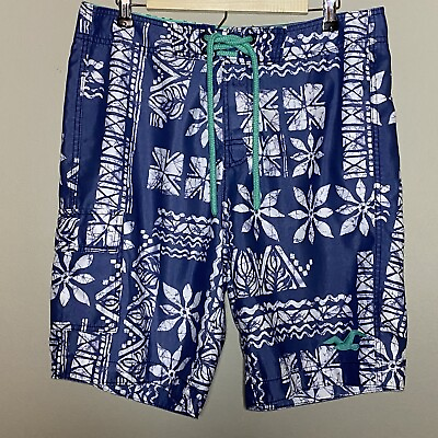 #ad Hollister California Men Large Swim Shorts Trunks Blue White Floral Green String