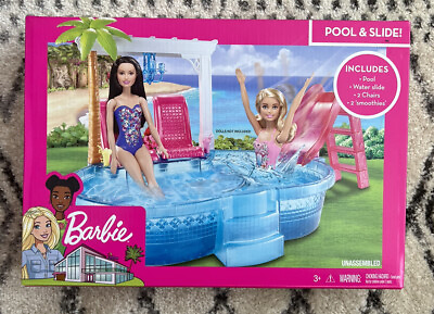 NEW Barbie Glam Pool Pink Doll Play Set Summer Beach Swimming Slide Gift Toy