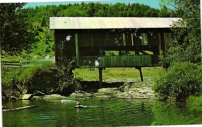 #ad Vintage Postcard Cool Swimming Near the Old Covered Bridge Northfield Fa 1960s