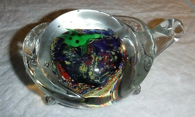 5quot; ART GLASS TURTLE PAPERWEIGHT SMALL TURTLE SWIMMING ABOVE Colorful BOTTOM