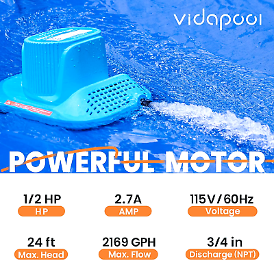 #ad Vidapool Pool Cover Pump Automatic On Off1 2 HP Submersible Water Pump 25ft cord