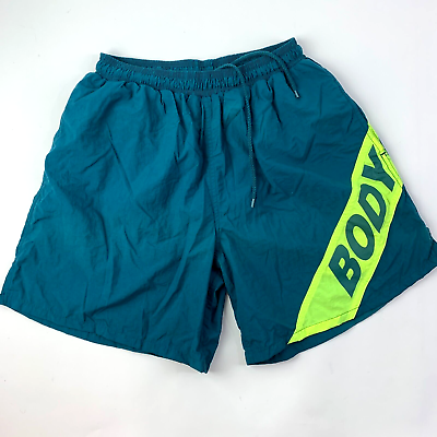 #ad Vintage Body Glove Mens Small Swim Trunks Green Yellow Spell Out Mesh Lining