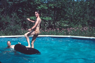 Teenage Boy Girl Swimming Playing in Pool Float 1983 Vintage 35mm Color Slide