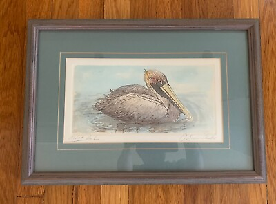 #ad Charles Leonard Hand Signed Artist Proof Pelican Swimming Water Color 19.75” L