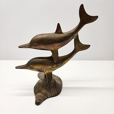 Mid Century Solid Brass Swimming Dolphins Pair Figurine Statue Sculpture 7quot;