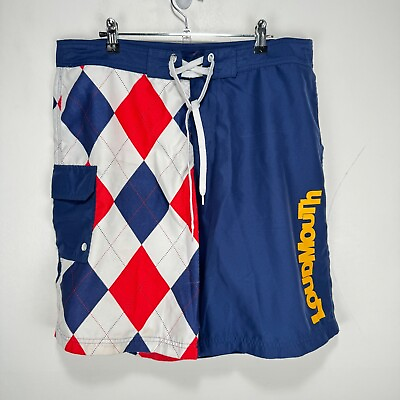 #ad Loudmouth Golf Board Shorts Swim Trunks Men Size 36 Blue Red White Argyle FLAWS