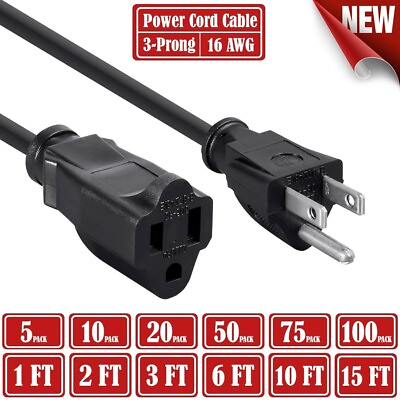 #ad Power Extension Cord Cable 1#x27; 2#x27; 3#x27; 6#x27; 10#x27; 15#x27; 1ft 2ft 3ft 6ft 10ft 15ft LOT