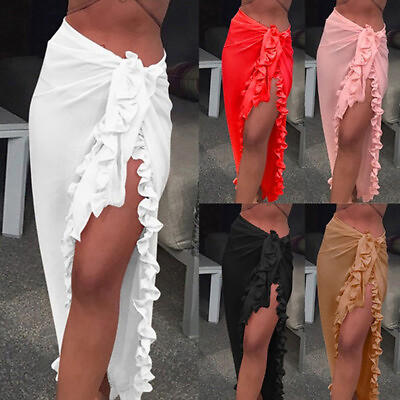 Women Bikini Cover Up Swimwear Dress Wrap Sheer Maxi Skirt Ruffles Sarong Beach