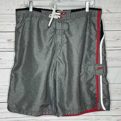#ad #ad Speedo Mens Board Shorts Sz L Mesh Lined Swim Trunks Red Black Gray Drawstring*