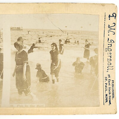 #ad Brighton Beach Brooklyn Bather Stereoview c1895 Ingersoll New York Swimming G911