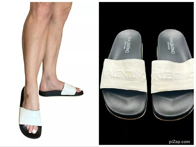 #ad VALENTINO BY MARIO VALENTINO Samantha White Leather Pool Slides Logo Sandals 8