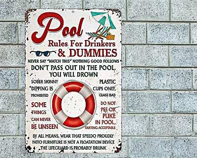 #ad Pool Rules For Drinkers amp; Dummies Sign Aluminum Metal 8quot;x12quot; Funny Deck Patio